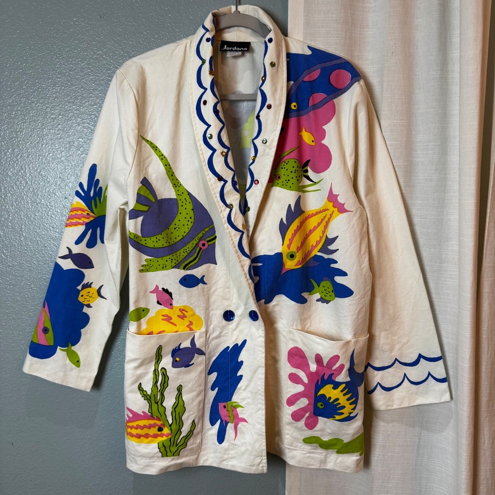 Jordana Blazer Women Medium White Fish Print Vintage Art to Wear Rhinestone